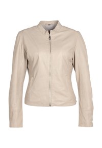 Lichtbeige leren jack met een staande kraag, ritssluiting aan de voorkant en zijzakken. Heeft een getailleerde pasvorm en een soepele textuur.