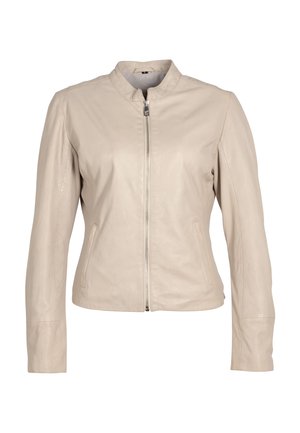 Lichtbeige leren jack met een staande kraag, ritssluiting aan de voorkant en zijzakken. Heeft een getailleerde pasvorm en een soepele textuur.