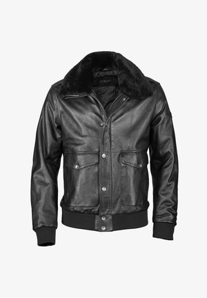 Černá kožená bomber bunda s měkkým kožešinovým límcem, zapínáním na zip, dvěma předními kapsami a žebrovanými manžetami a spodním lemem. Hladký povrch po celé délce.