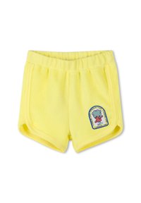 Gele fleece shorts met een zachte textuur, een elastische tailleband, zijzakken en een gekleurde patch met een figuurlogo.