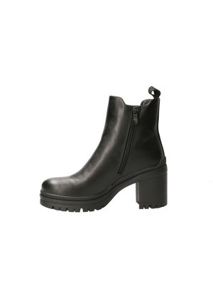 Schwarzer Leder-Stiefelette mit klobigem Absatz, seitlichem Reißverschluss, Zuglasche und profilierter Sohle.