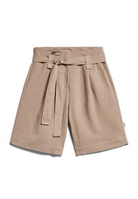 Beige high-waisted shorts made of lightweight material, featuring a tied belt, pleats, and side pockets. Smooth texture with a relaxed fit.