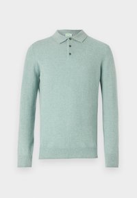 Svetle zelený polo svetr s dlouhými rukávy, třemi předními knoflíky a klasickým límcem; jemná textura a rovnoměrný pletený vzor po celé ploše.