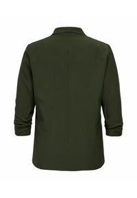 Tumši zaļš žaketa bleizeris ar garām piedurknēm, redzams no aizmugures, ar taisnu apkakli un tīrām šuvju līnijām.