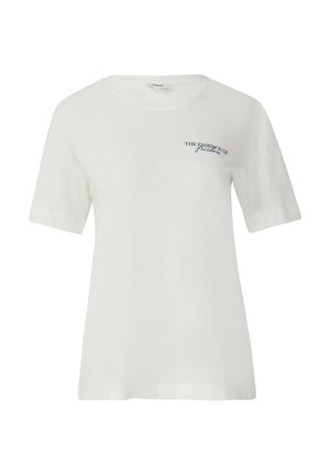 Weißes Baumwoll-T-Shirt mit kurzen Ärmeln, mit dem Text "DIE ESSENZ DER FREIHEIT" in Marineblau. Einfacher Rundhalsausschnitt und lockere Passform.