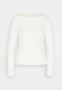 Maglione bianco, attillato, a maniche lunghe con un ampio scollo off-the-shoulder. Tessuto morbido con una leggera costina in tutto il capo.