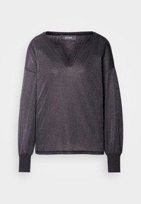Schwarzer Glitzersweater mit langen Ärmeln, kleinem V-Ausschnitt und engen Bündchen, präsentiert auf einem hellen, einfarbigen Hintergrund.
