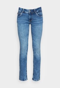 Slim-fit blå jeans med lätt blekning, fem fickor, knappstängning och subtila sömdetaljer. Tillverkad av denim med en slät textur.