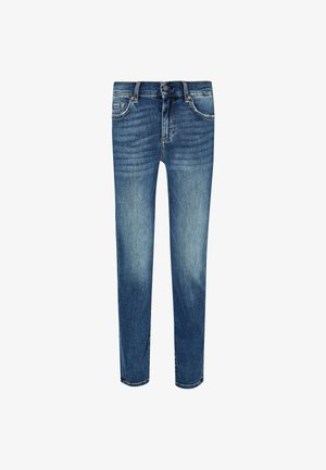Jeans in denim azzurro chiaro, slim fit, vita media, con cinque tasche, chiusura frontale con bottone e leggere sfumature di whiskering nella parte frontale.