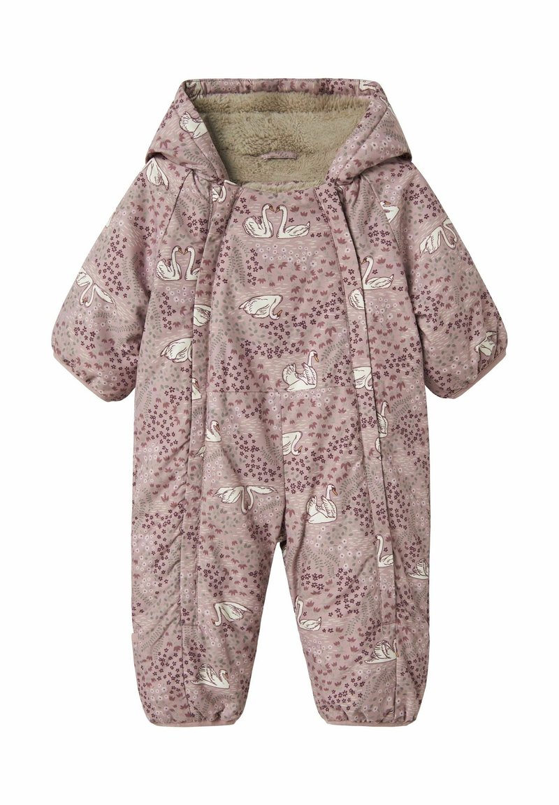 Combinaison pour bébé à capuche rose avec des motifs de cygnes blancs et de fleurs, doublure en polaire beige douce à l'intérieur de la capuche.