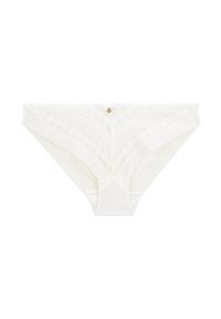 Culotte blanche en dentelle avec un motif géométrique, présentant un centre en tissu uni et un petit accent décoratif doré à l'avant.