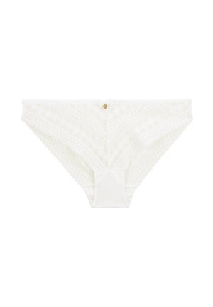 Culotte blanche en dentelle avec un motif géométrique, présentant un centre en tissu uni et un petit accent décoratif doré à l'avant.