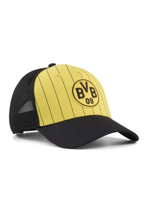 Casquette de baseball jaune et noire avec le logo "BVB 09" sur le devant et un panneau arrière en mesh noir.