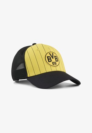 Gelbe und schwarze Baseballkappe mit "BVB 09" Logo vorne und schwarzem Netzrücken.