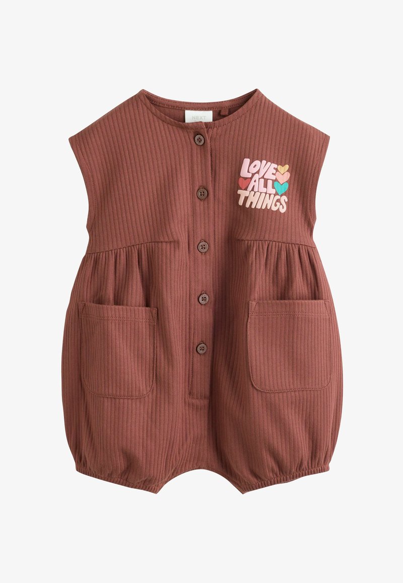 Combinaison bébé marron côtelée sans manches avec boutons sur le devant, deux poches et texte "Love all things" avec des cœurs colorés sur la poitrine.
