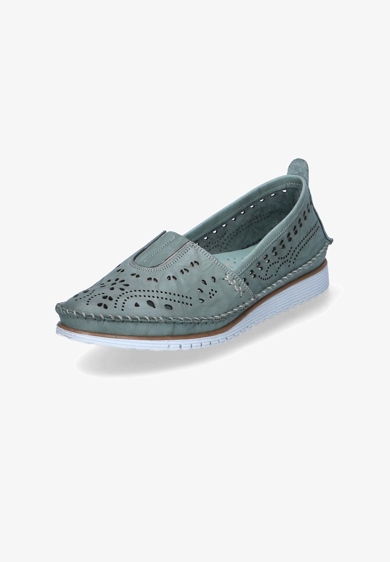 Light teal slip-on shoes made of leather, featuring perforated patterns, a rounded toe, stitched accents, and a white rubber sole.