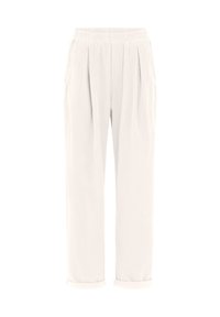Pantaloni bianchi larghi con vita elastica, caratterizzati da plissettature, tasche laterali e polsini arrotolati. Realizzati in un materiale leggero e texturizzato.