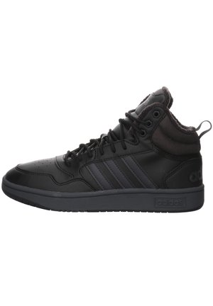 Black high-top sneaker with leather and textile upper, featuring three dark gray stripes, padded collar, and a textured rubber sole.