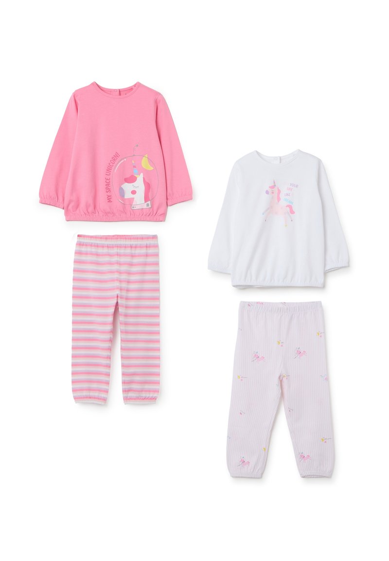Due completi di pigiama per bambini: uno con maglia rosa con unicorno spaziale e pantaloni a righe; uno con maglia bianca con unicorno e frase, e pantaloni con motivo unicorni.