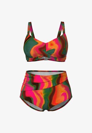To-delt badedragt med high-waist bund og bøjle-top, med et livligt, hvirvlende mønster i pink, orange, grønne og røde farver.