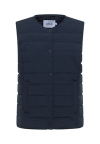 Gilet trapuntato senza maniche di colore blu navy con bottoni a scatto, due tasche frontali e scollatura tonda, etichettato "Cecil" all'interno del collo.