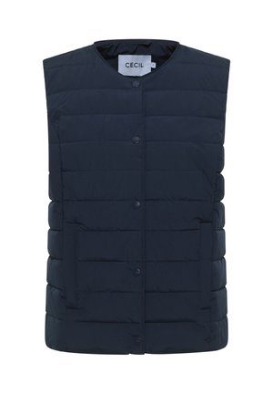 Gilet trapuntato senza maniche di colore blu navy con bottoni a scatto, due tasche frontali e scollatura tonda, etichettato "Cecil" all'interno del collo.