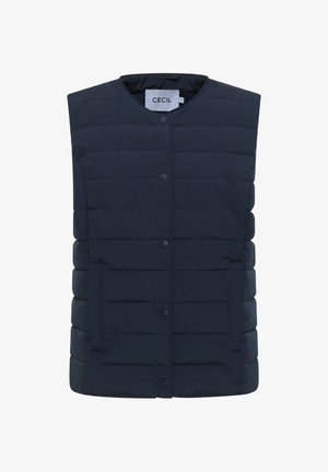 Marineblauw mouwloos gewatteerd vest met drukknoopsluitingen, twee voorzakken en een ronde halslijn, gelabeld "Cecil" aan de binnenkant van de kraag.