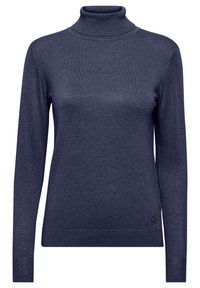 Marinblå turtleneck-tröja gjord av ett slätt stickat tyg. Har långa ärmar, en åtsittande siluett och en diskret logotypdetalj vid fållen.