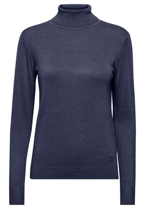 Navy turtleneck sweater made of a smooth knit fabric. Features long sleeves, a fitted silhouette, and a subtle logo accent at the hem.