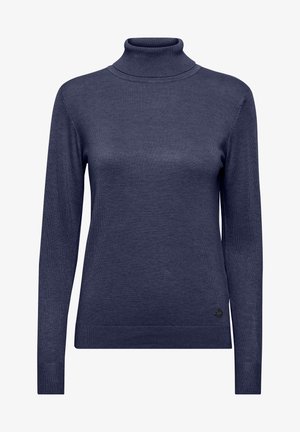 Navy turtleneck sweater made of a smooth knit fabric. Features long sleeves, a fitted silhouette, and a subtle logo accent at the hem.