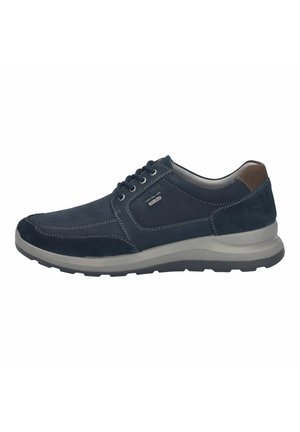 Men's navy blue lace-up shoes made of suede and leather, featuring gray rubber sole, stitched detailing, and a brown accent on the heel.