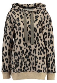 Felpa con stampa leopardata in beige con macchie nere. Presenta una tasca frontale, cappuccio con coulisse e polsini texturizzati oro all'orlo e alle maniche.