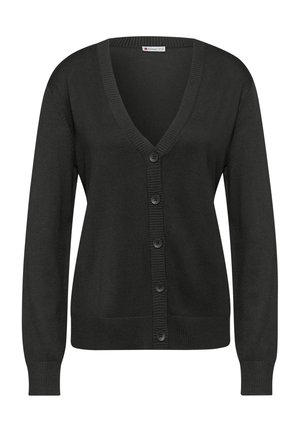 Zwarte cardigan met V-hals, lange mouwen en zes knopen aan de voorkant. Heeft ribbels aan de manchetten en onderkant, gemaakt van zachte stof. Eenvoudig, klassiek ontwerp.