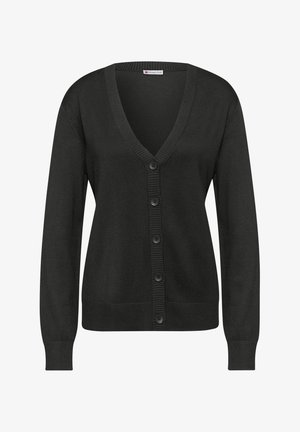 Cardigan nero con scollo a V, maniche lunghe e sei bottoni frontali. Presenta polsini e orlo a costine, realizzato in tessuto morbido. Design semplice e classico.