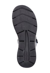 Semelle de chaussure en caoutchouc noir avec des motifs de grip texturés et des rainures ; comporte des marquages indiquant la taille et le nom de la marque "rieker."