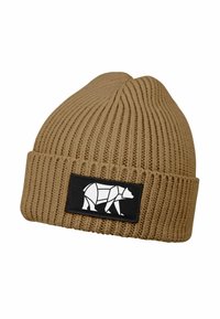 Tan ribbed knit beanie with a black patch featuring a white geometric bear design on the cuff.