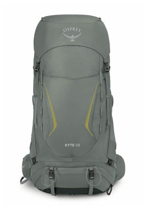 Grijze Osprey Kyte 58 wandelrugzak met gele accenten, meerdere banden en zijvakken voor het opbergen van buitenspullen.