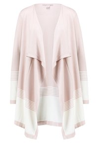Ljusrosa kofta med öppen front, tillverkad av mjukt tyg. Har vita ränder vid nederkant och ärmar. Draperad design. Inga knäppningar.