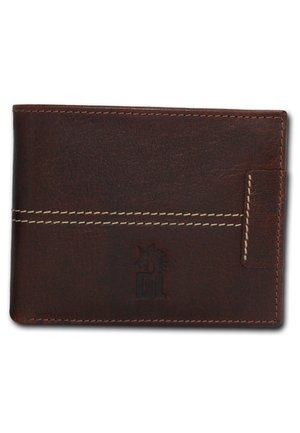 Brown leather wallet with a textured finish, featuring a light-colored stitched line and embossed logo design. Compact rectangular shape.