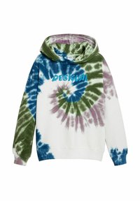 Mikina s kapucňou s batikovaným vzorom v zelenej, modrej a purpurovej farbe na bielom podklade. Logo "Desigual" v modrej farbe naprieč prednou časťou.