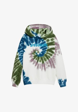 Švarkas su kapuce, puoštas spalvų maišymo raštu: žalia, mėlyna ir purpurinė ant baltos bazės. Mėlynas "Desigual" logotipas ant priekio.