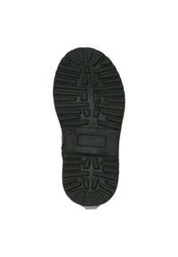 Suela de zapato de goma con un patrón de relieve texturizado, que presenta ranuras profundas y un tacón plano, principalmente de color negro.
