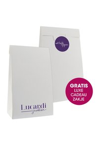 Witte papieren cadeauzakjes met een gestructureerde afwerking. Eén heeft een ronde paarse sticker met tekst, waaronder "Luxe Cadeau Zakje." Merknaam in het paars gedrukt.