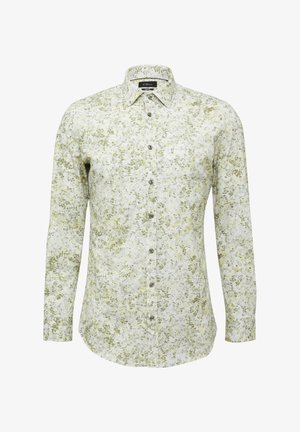 Langärmliges Hemd aus leichtem Stoff, mit einem weißen Hintergrund und grünen Blumenmustern sowie einem klassischen Kragen und einer durchgehenden Knopfleiste.