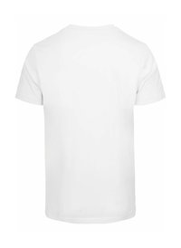 Biela bavlnená tričko s okrúhlym výstrihom, krátkymi rukávmi a rovnými lemami. Hladký povrch, jednoduchý dizajn, bez viditeľných vzorov alebo akcentov.