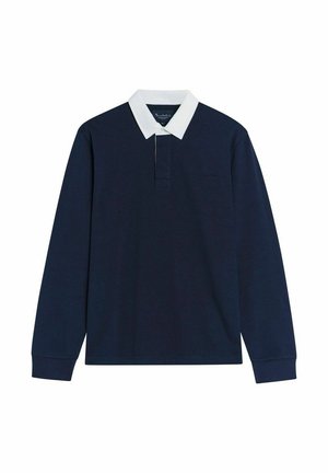 Marineblauwe polo met lange mouwen, gemaakt van katoen, met een witte uitslagkraag en een knopenlijst met drie knopen. Effen textuur zonder zichtbare patronen.