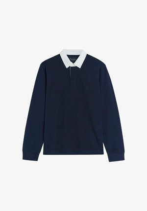 Marineblauwe polo met lange mouwen, gemaakt van katoen, met een witte uitslagkraag en een knopenlijst met drie knopen. Effen textuur zonder zichtbare patronen.