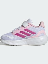 Biało-różowy but sportowy z siateczkową cholewką, ozdobiony różowymi paskami, z paskiem zapinanym na rzep oraz fakturowaną białą podeszwą oznaczoną napisem "CLOUDFOAM".