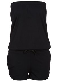 Sort stropløs jumpsuit med elastisk talje, snøre detaljer og korte ben. Blødt stof med en glat, mat tekstur.
