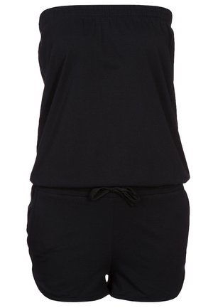 Combinaison noire sans bretelles avec une taille élastique, détail de cordon et jambes courtes. Tissu doux avec une texture lisse et mate.